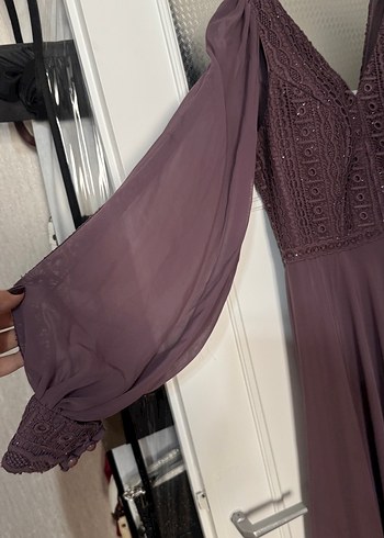 Bordo Uzun Kollu V Yaka Abiye Elbise - Görsel 3