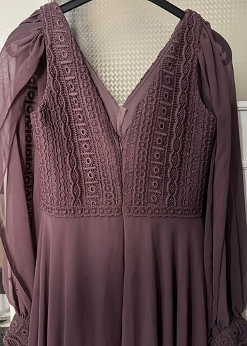 Bordo Uzun Kollu V Yaka Abiye Elbise - Görsel 4