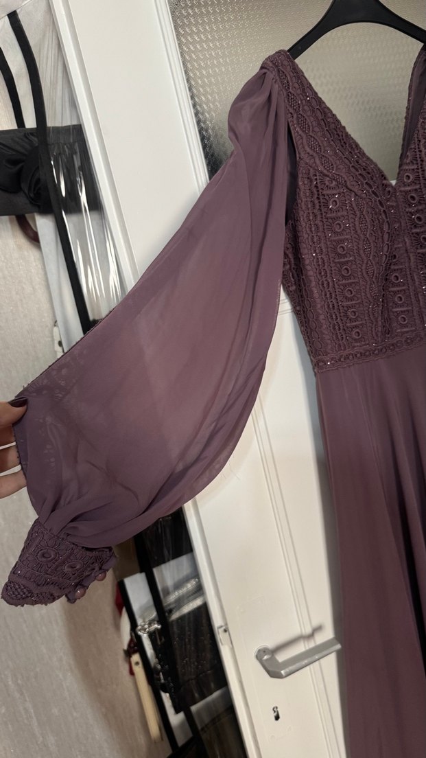 Bordo Uzun Kollu V Yaka Abiye Elbise - Görsel 3