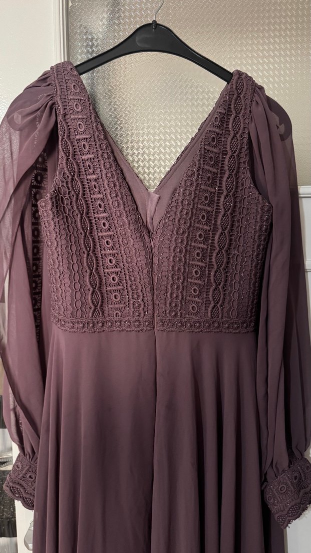 Bordo Uzun Kollu V Yaka Abiye Elbise - Görsel 4