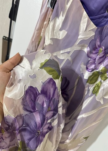 Mor Desenli Uzun Drapeli Kadın Elbise - Görsel 8