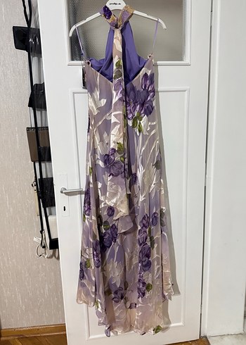 Mor Desenli Uzun Drapeli Kadın Elbise - Görsel 5