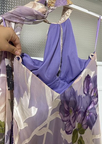 Mor Desenli Uzun Drapeli Kadın Elbise - Görsel 7