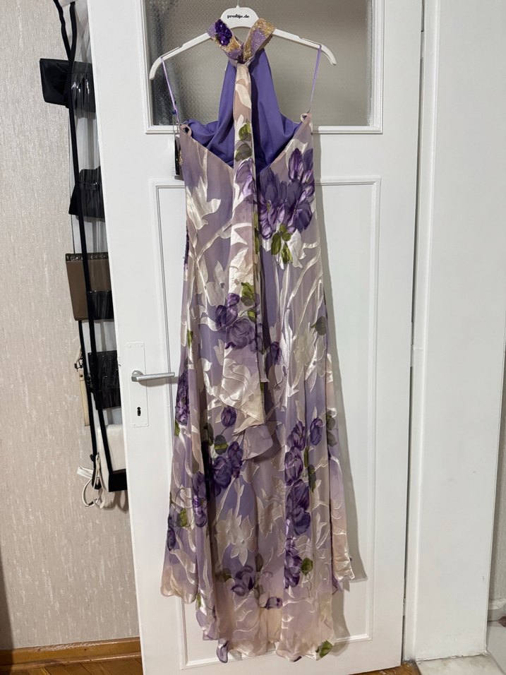 Mor Desenli Uzun Drapeli Kadın Elbise - Görsel 4