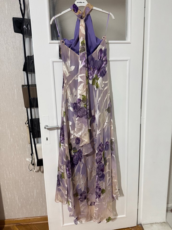 Mor Desenli Uzun Drapeli Kadın Elbise - Görsel 5