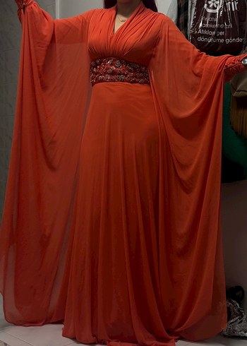 Drapeli Turuncu Uzun Abiye Elbise - Görsel 7