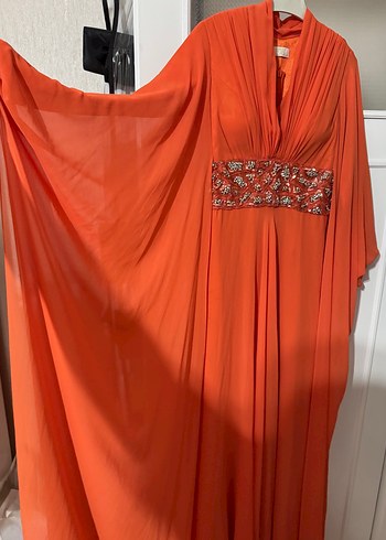 Drapeli Turuncu Uzun Abiye Elbise - Görsel 3
