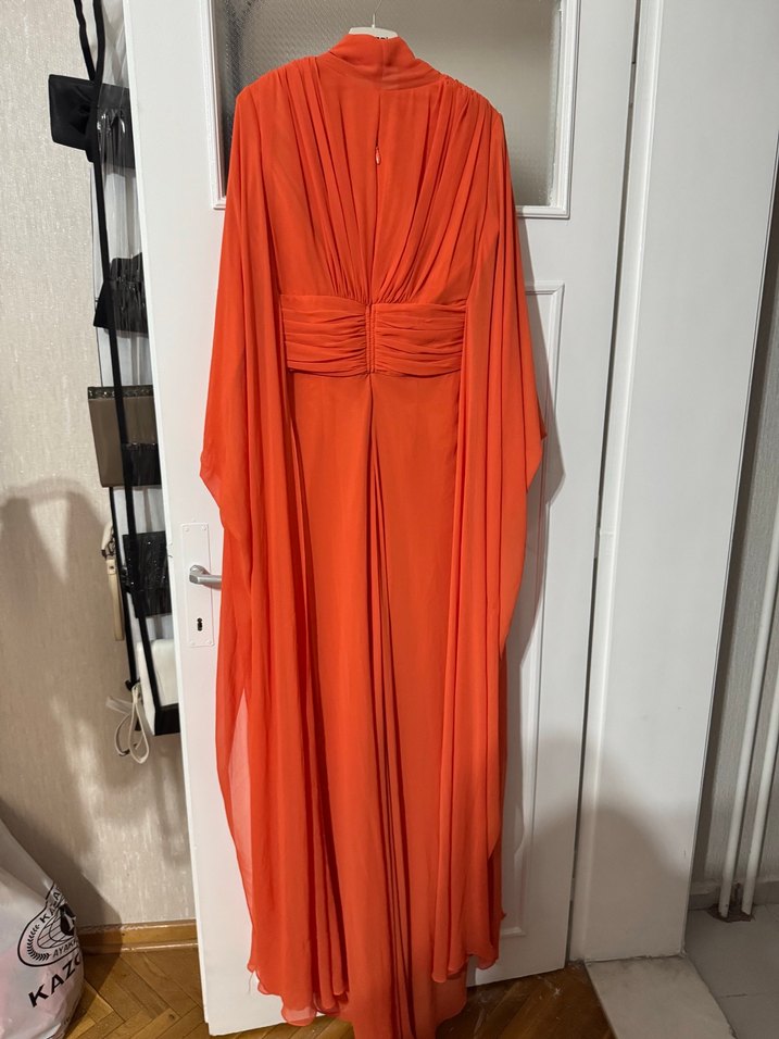 Drapeli Turuncu Uzun Abiye Elbise - Görsel 5