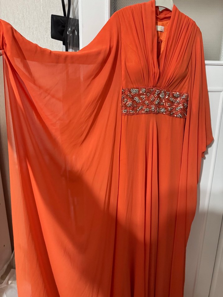 Drapeli Turuncu Uzun Abiye Elbise - Görsel 3