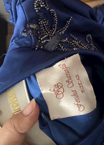 Mavi İşlemeli Drapeli Uzun Abiye Elbise - Görsel 3