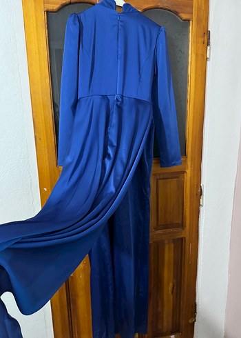 Mavi İşlemeli Drapeli Uzun Abiye Elbise - Görsel 5