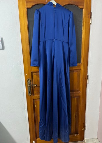 Mavi İşlemeli Drapeli Uzun Abiye Elbise - Görsel 4