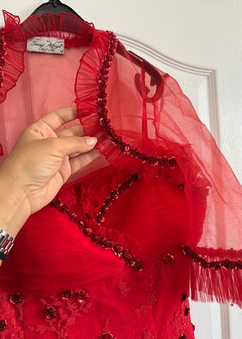 İşlemeli Kırmızı Uzun Straplez Abiye Elbise - Görsel 8