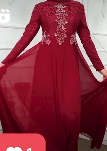 Bordo İşlemeli Uzun Kollu Abiye Elbise