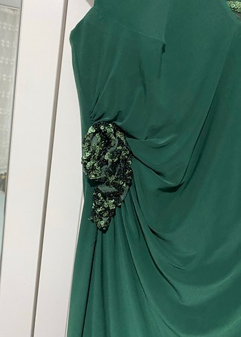 Drapeli, Straplez Koyu Yeşil Uzun Abiye Elbise - Görsel 2