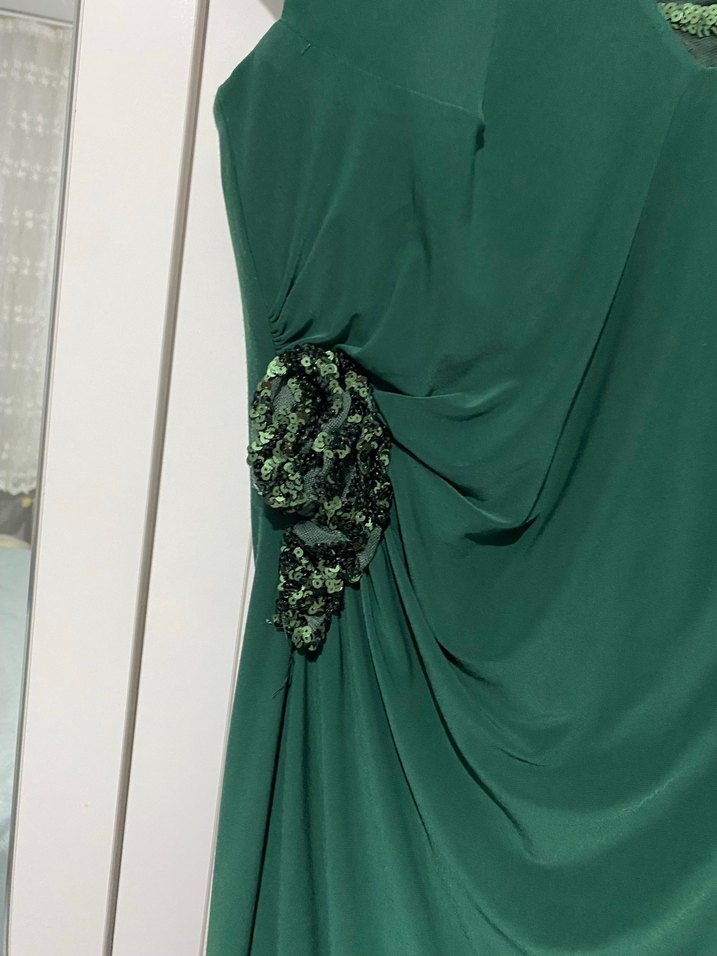 Drapeli, Straplez Koyu Yeşil Uzun Abiye Elbise - Görsel 2