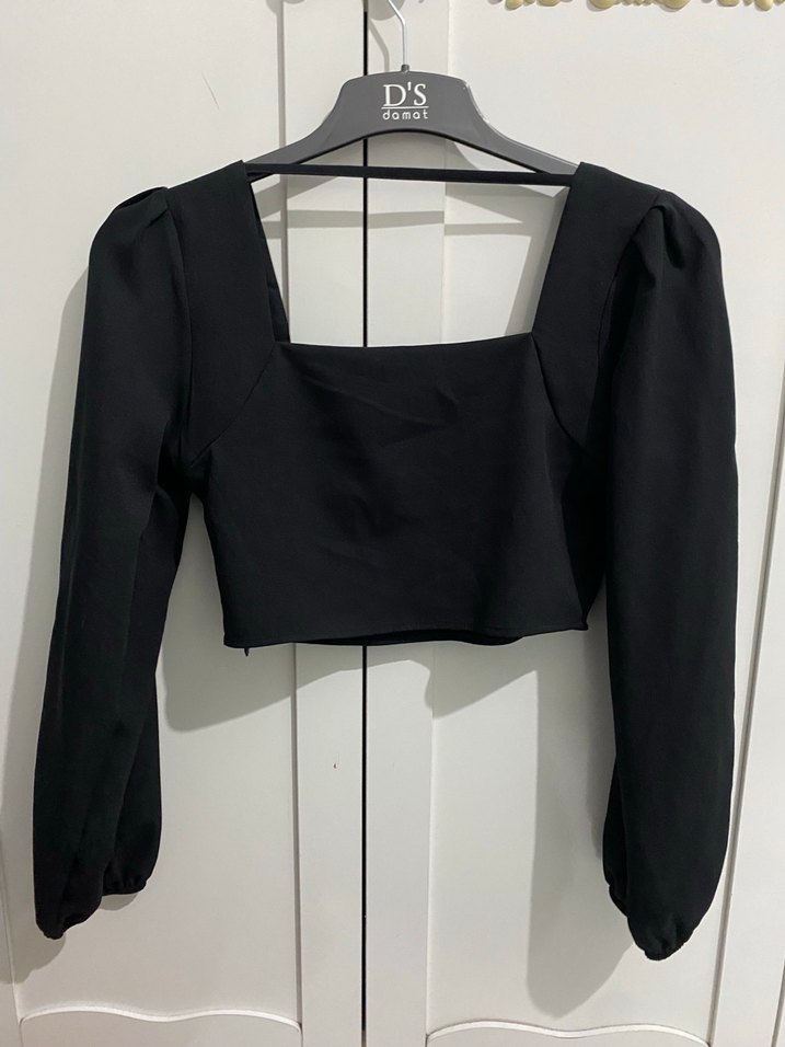 Siyah Mini Kadın Bluz, Uzun Kollu, Teknolojik Kumaş - Görsel 5