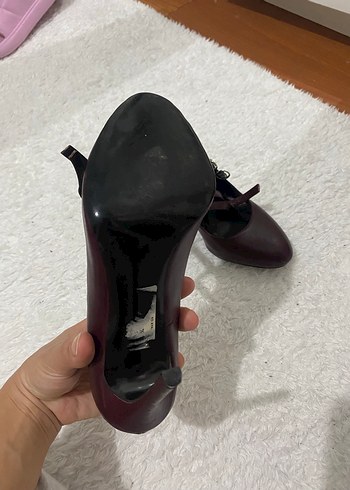 Bordo Deri Tokalı Yüksek Topuklu Stiletto - Görsel 4