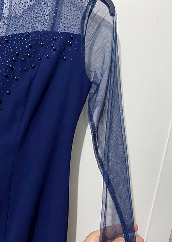 Boncuk İşlemeli Lacivert Uzun Abiye Elbise - Görsel 5