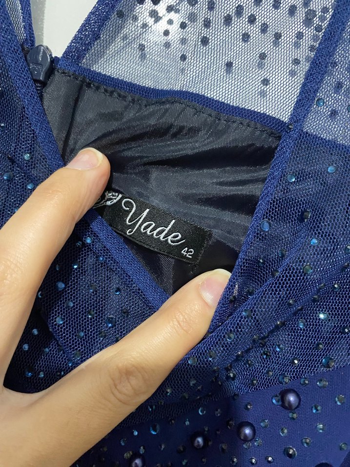 Boncuk İşlemeli Lacivert Uzun Abiye Elbise - Görsel 4