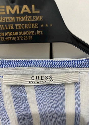 Mavi Çizgili V Yakalı Keten Kadın Gömlek - Görsel 3