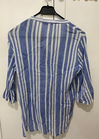 Mavi Çizgili V Yakalı Keten Kadın Gömlek - Görsel 4