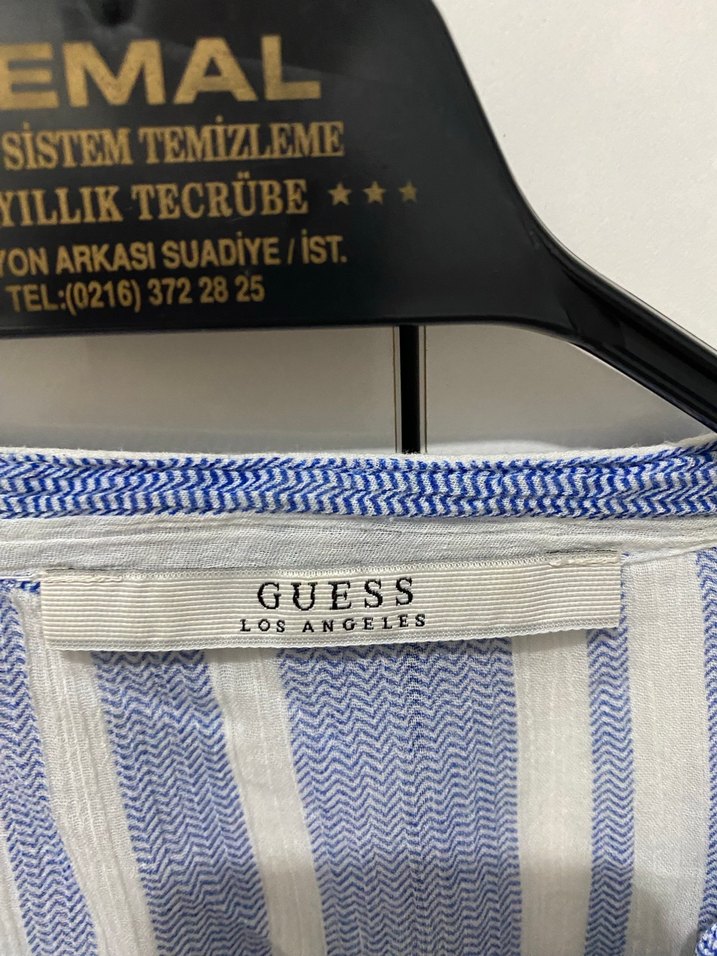 Mavi Çizgili V Yakalı Keten Kadın Gömlek - Görsel 3