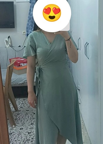 Kadın V Yaka Midi Haki Elbise