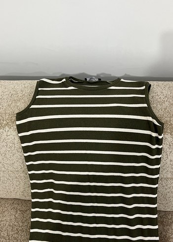 Diğer Çizgili, Uzun, Kolsuz Kadın Triko Elbise yırtmaçlı