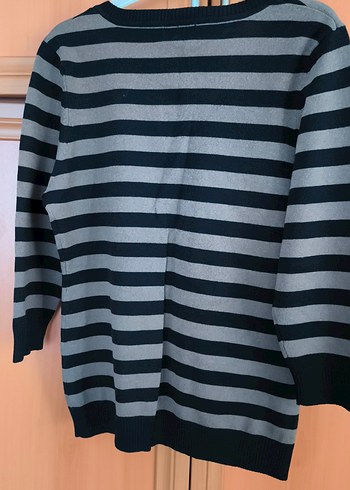 Kahverengi siyah Çizgili V Yaka Kadın Triko Kazak - Görsel 2