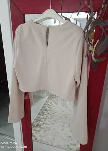 Bej Mini Kadın Bluz, Uzun Kollu, Salaş Kesim - Görsel 2