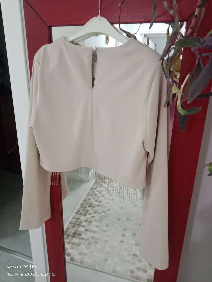 Bej Mini Kadın Bluz, Uzun Kollu, Salaş Kesim - Görsel 2