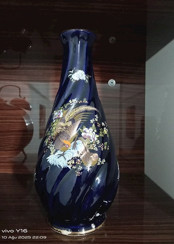 Koyu Mavi Çiçek ve Kuş Desenli Vazo