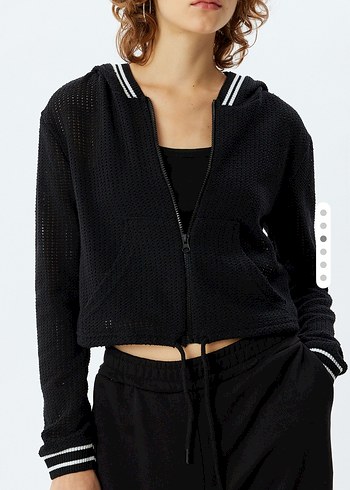 Siyah Fermuarlı V Yaka Mini Sweatshirt - Görsel 2