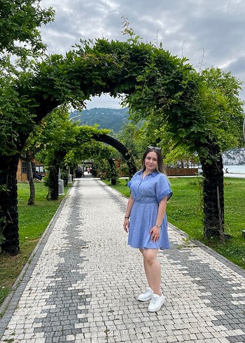 Mavi Midi Denim Elbise, Kısa Kollu, Salaş - Görsel 2