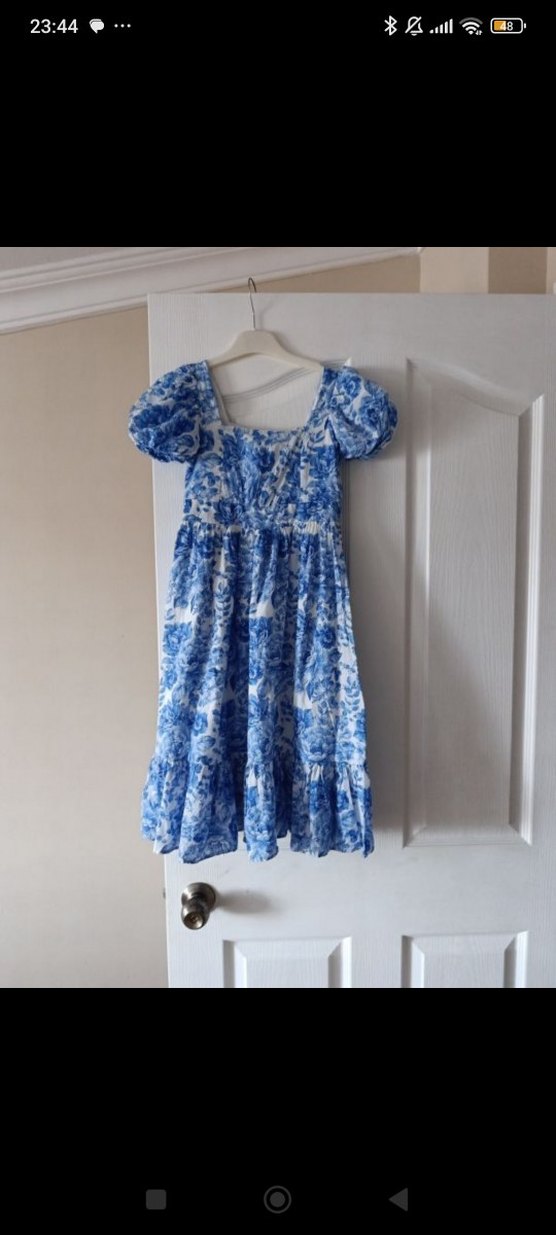 Mavi Çiçek Desenli Bohem Pamuk Elbise - Görsel 2