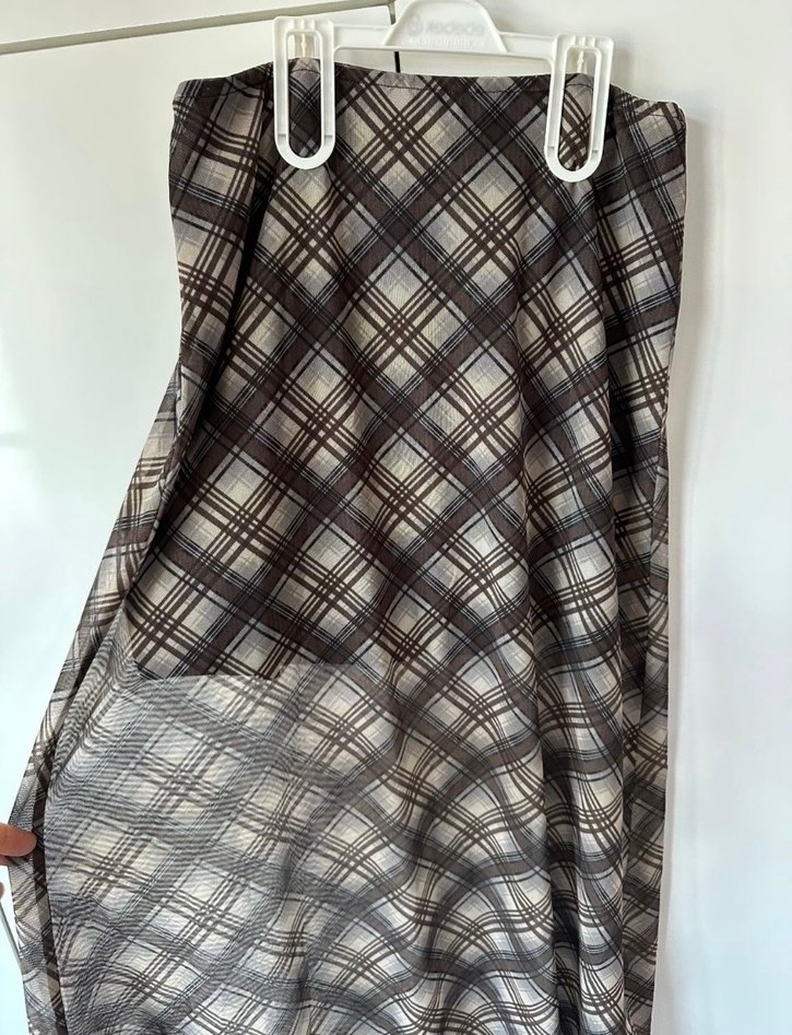 Drapeli Kahverengi Kareli Midi Etek - Görsel 2