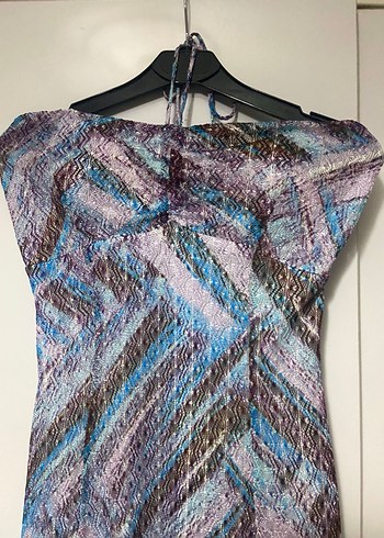 Kadın Çok Renkli Pilili Uzun Straplez Elbise - Görsel 3