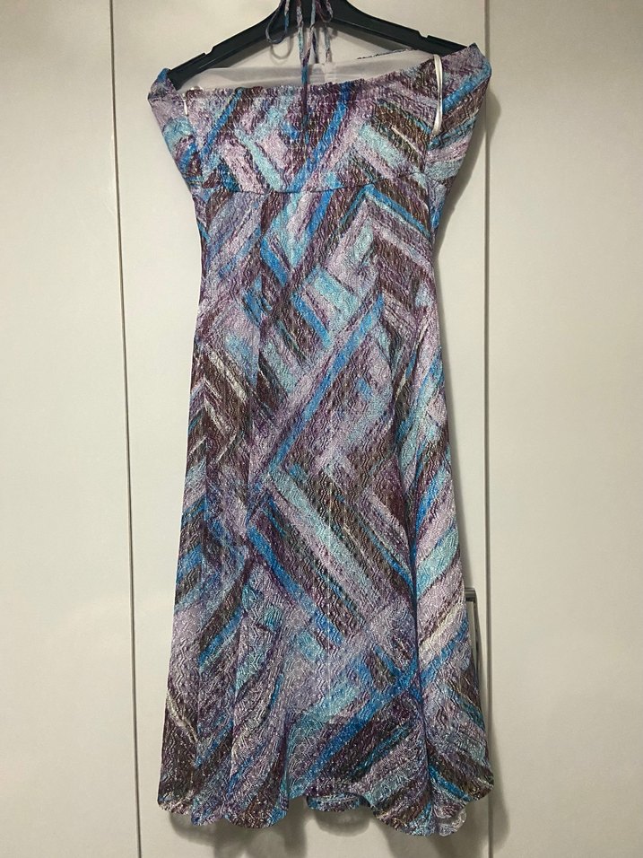 Kadın Çok Renkli Pilili Uzun Straplez Elbise - Görsel 4