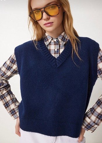 Mavi V Yaka Örgü Kadın Süveter - Görsel 2