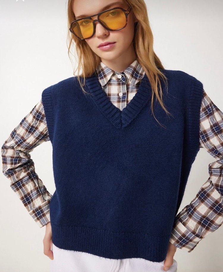 Mavi V Yaka Örgü Kadın Süveter - Görsel 2