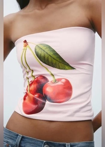 Pembe Straplez Kiraz Baskılı Crop Top - Görsel 3