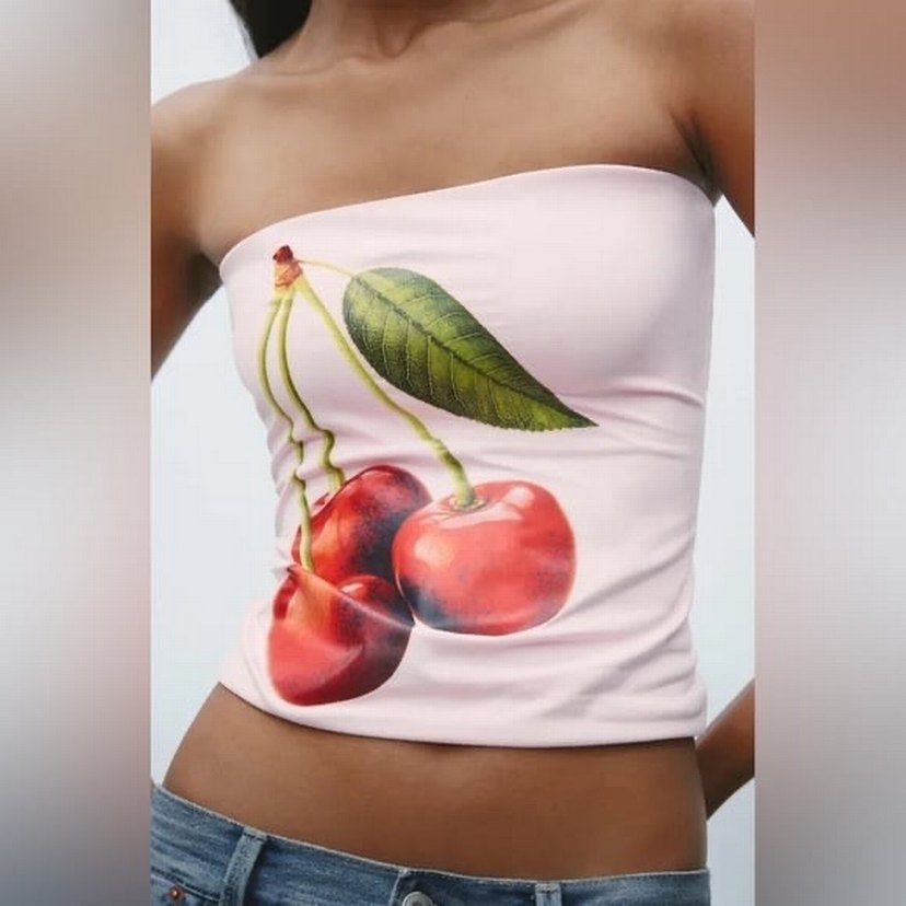 Pembe Straplez Kiraz Baskılı Crop Top - Görsel 3