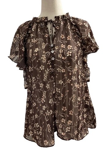 V Yaka Düğmeli Kahverengi Bohem Bluz - Görsel 2