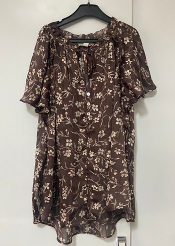 V Yaka Düğmeli Kahverengi Bohem Bluz - Görsel 5