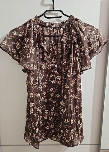 V Yaka Düğmeli Kahverengi Bohem Bluz - Görsel 3