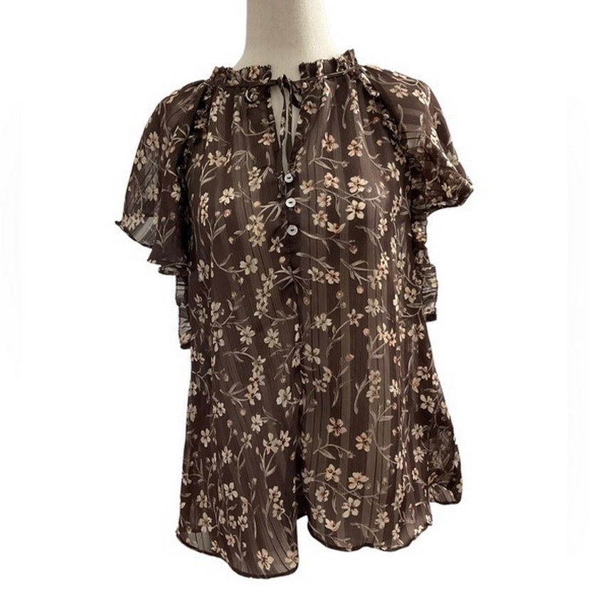 V Yaka Düğmeli Kahverengi Bohem Bluz - Görsel 2