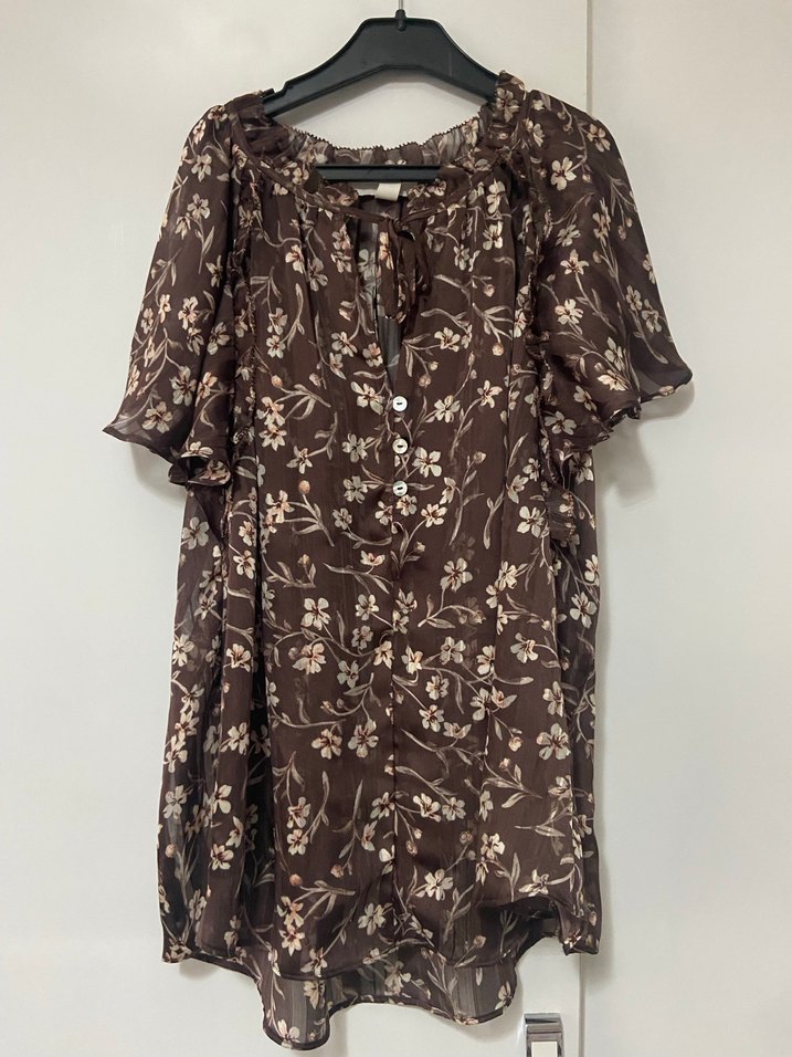 V Yaka Düğmeli Kahverengi Bohem Bluz - Görsel 5