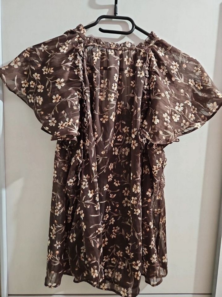 V Yaka Düğmeli Kahverengi Bohem Bluz - Görsel 4