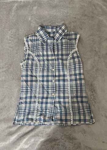 Düğmeli Ekose Desenli Kolsuz Gömlek - Görsel 5